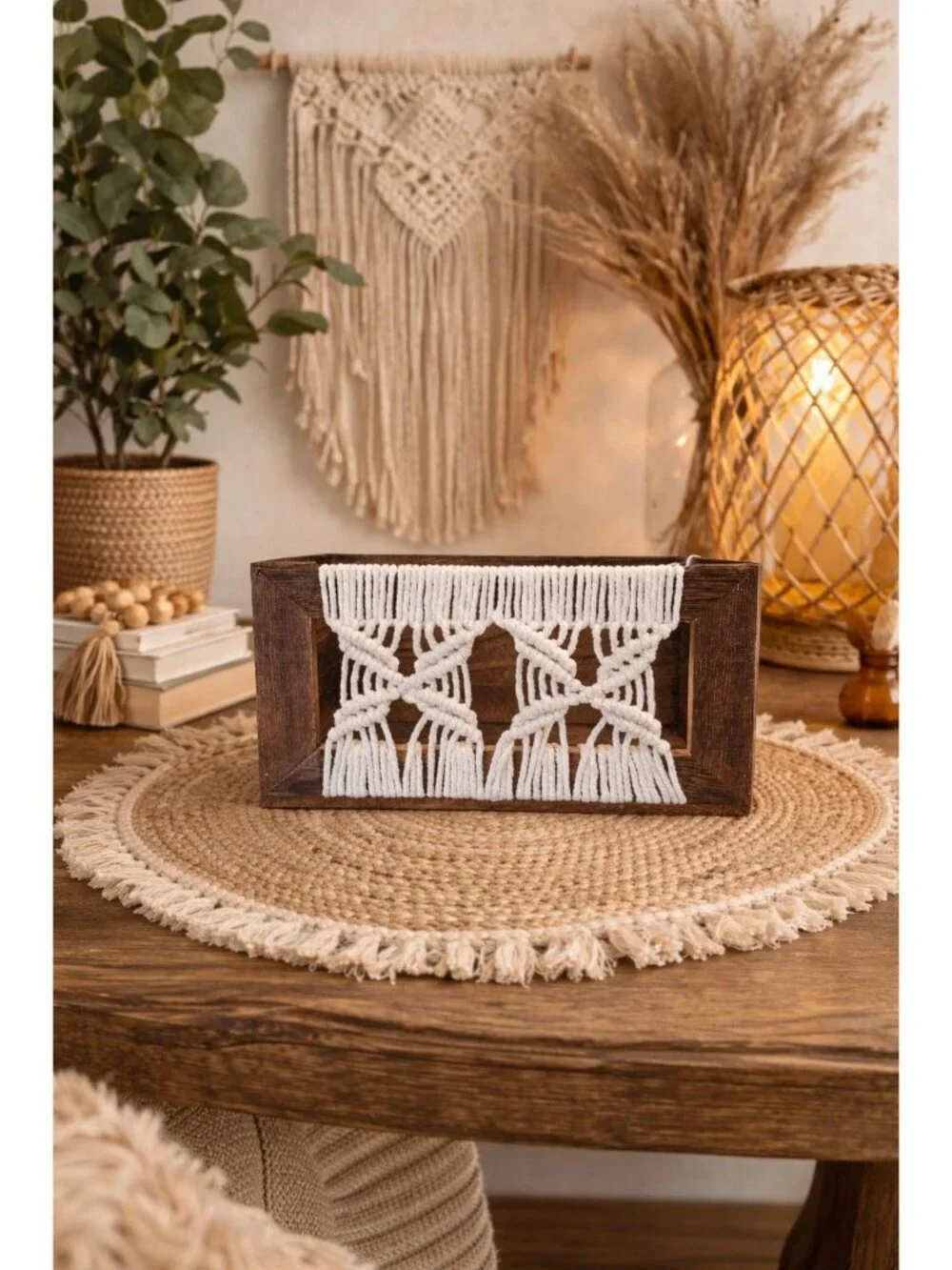 New Boho Macrame Storage Basket Organize Gift Bags Decorative Wood